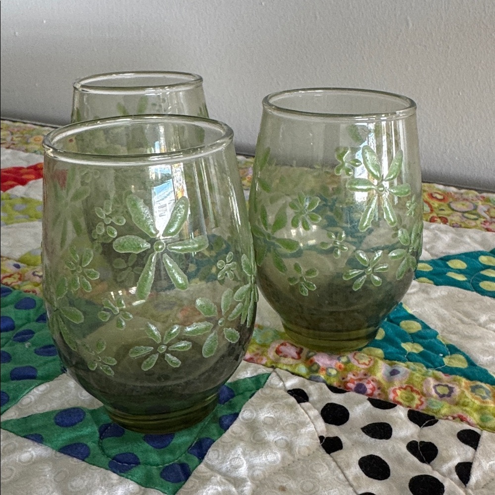 Vintage 60s/70s MCM Libbey Floral Green Juice Glasses, Mint Bouquet Set of 3 - Picture 3 of 4